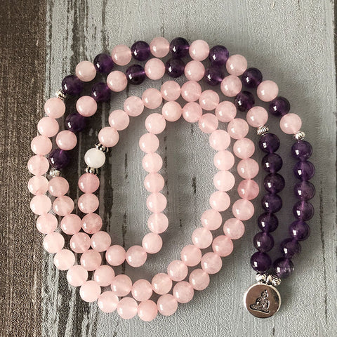 Mara Necklace and Bracelet 6mm Amethyst Yoga Bracelet Mara Lotus 108 Beads Pink Bracelet m3331246