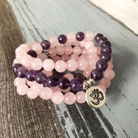 Mara Necklace and Bracelet 6mm Amethyst Yoga Bracelet Mara Lotus 108 Beads Pink Bracelet m3331246