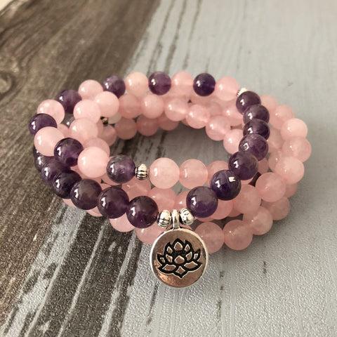 Mara Necklace and Bracelet 6mm Amethyst Yoga Bracelet Mara Lotus 108 Beads Pink Bracelet m3331246