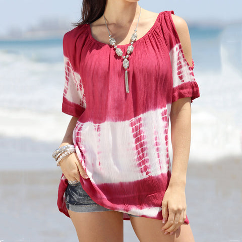 Fashion Sexy off-the-Shoulder Tie-Dye round Neck Short Sleeve Loose Top M300247