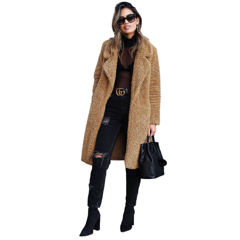 Lapel women's plush top long coat coat lamb wool double-sided velvet m300532