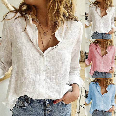 Solid color casual loose long sleeve linen shirt m300065