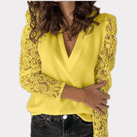 Spliced lace long sleeved slim fit bottom shirt m300055