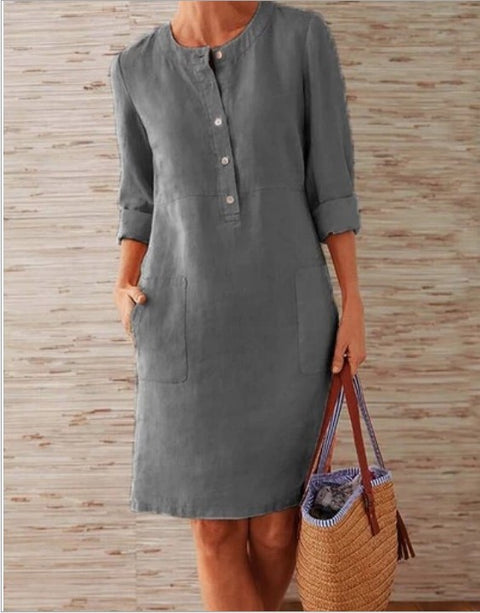 Cotton and linen round neck long sleeved dress m300061