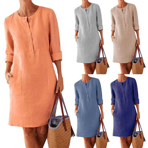 Cotton and linen round neck long sleeved dress m300061