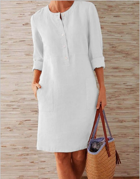 Cotton and linen round neck long sleeved dress m300061