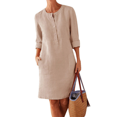 Cotton and linen round neck long sleeved dress m300061