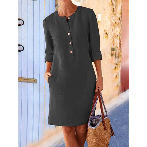 Cotton and linen round neck long sleeved dress m300061