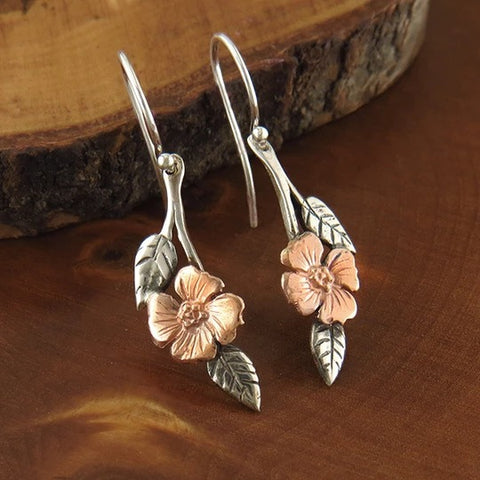 Boucles d'oreilles bohèmes bicolores en or Rose, fleur et feuille, M5010664 