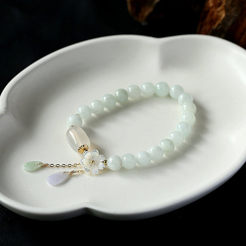 Natural jadeite bracelet 14K gold-wrapped hanging natural shell flower, jadeite water drop jade jewelry m3331254