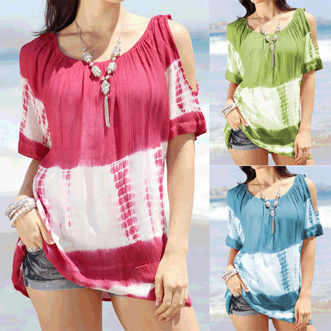 Fashion Sexy off-the-Shoulder Tie-Dye round Neck Short Sleeve Loose Top M300247