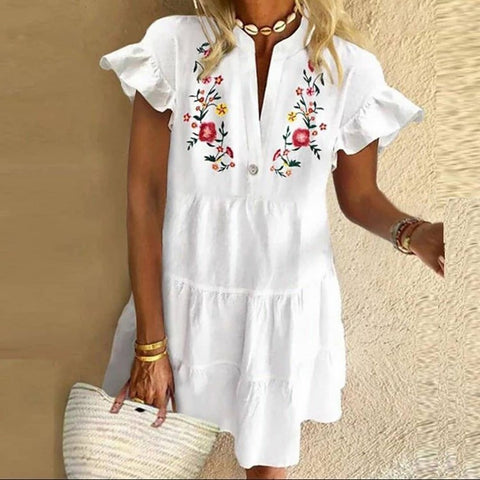 Cute Temperament Printed Tassel V-neck Short Dress M300195