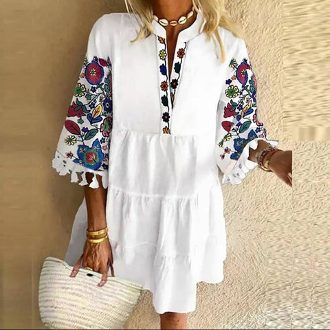 Cute Temperament Printed Tassel V-neck Short Dress M300195