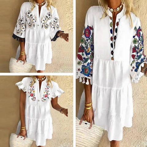 Cute Temperament Printed Tassel V-neck Short Dress M300195