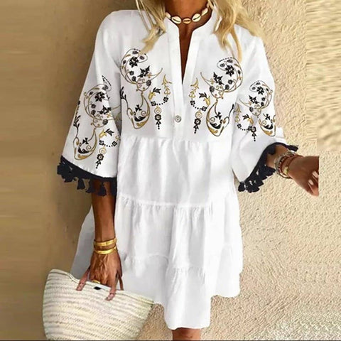 Cute Temperament Printed Tassel V-neck Short Dress M300195