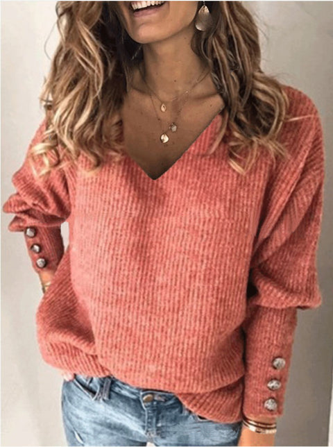 Solid color versatile knitted V-neck loose long-sleeved T-shirt m300587