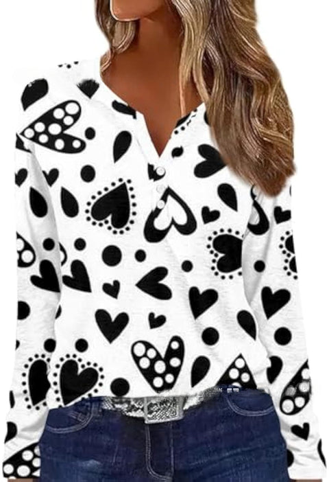 Printed V-neck V-neck three-button long-sleeved T-shirt m300618