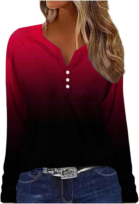 Printed V-neck V-neck three-button long-sleeved T-shirt m300618