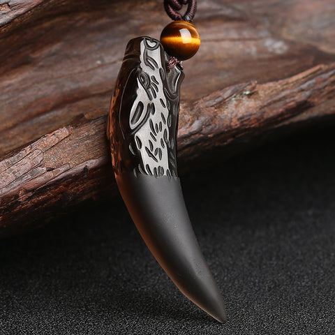 Wolf tooth pendant, natural ice obsidian couple necklace, crystal jewelry m3331247