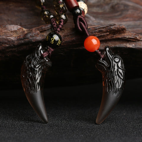 Wolf tooth pendant, natural ice obsidian couple necklace, crystal jewelry m3331247