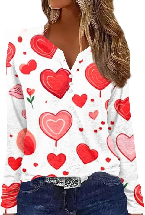 Printed V-neck V-neck three-button long-sleeved T-shirt m300618