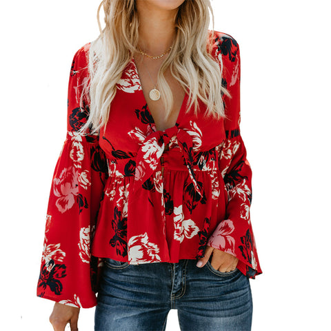 Sexy V-neck Printed Long-Sleeved Top Cardigan M300260