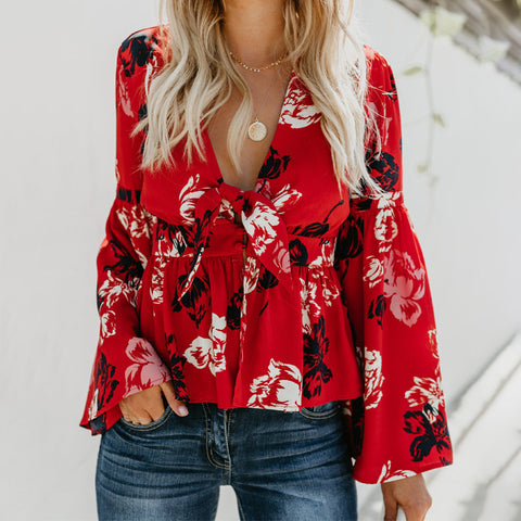 Sexy V-neck Printed Long-Sleeved Top Cardigan M300260