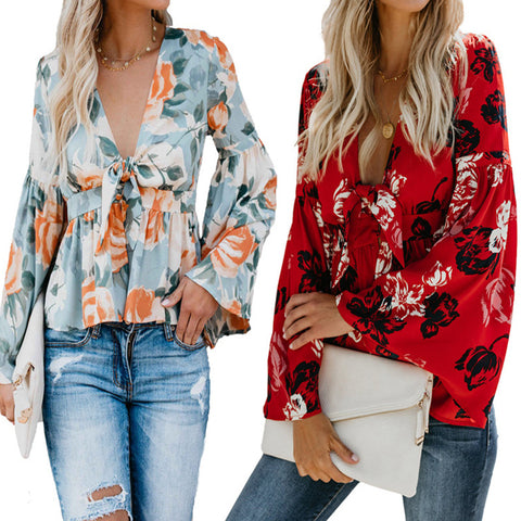 Sexy V-neck Printed Long-Sleeved Top Cardigan M300260