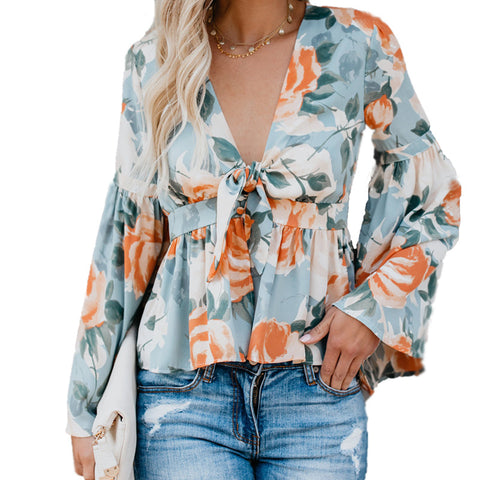 Sexy V-neck Printed Long-Sleeved Top Cardigan M300260