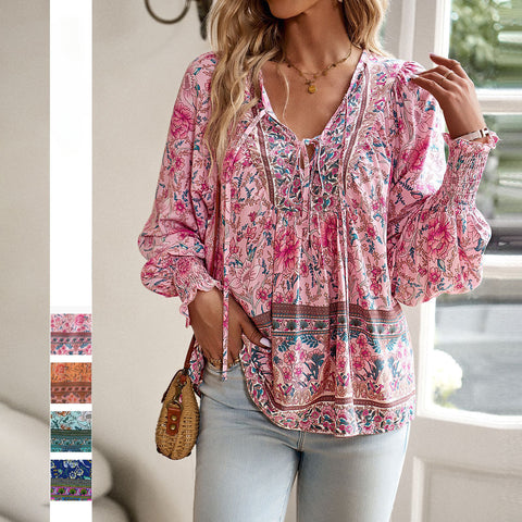 Printed shirt temperament foreign trade v-neck long-sleeved top m300866