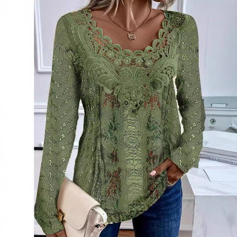 Digital printing lace round neck hollow top m300654