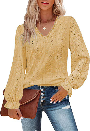 V-neck hollow casual pleated sleeve top shirt autumn m300647