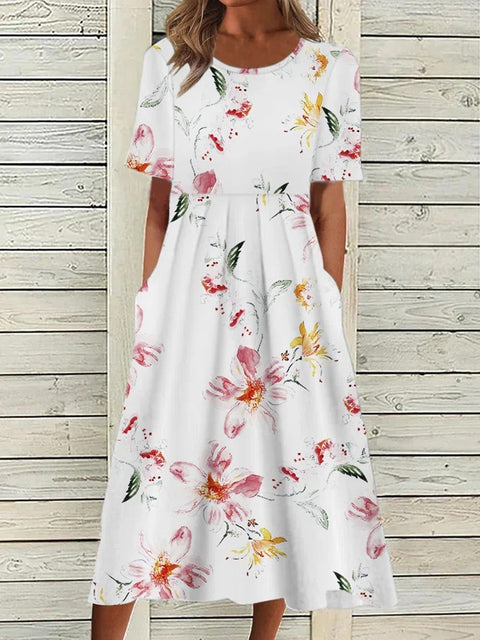 Summer new mid-waist ladies & casual round neck printed swing dress m300040