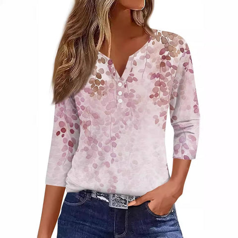 3D printed women's V-neck three-button seven-quarter sleeve fashion casual top m300616