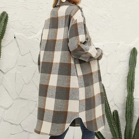 Long flannel plaid lapel button-down trench coat m300574