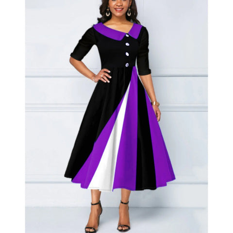 Button embellished 3D printed pendulum five-quarter sleeve long dress m300864