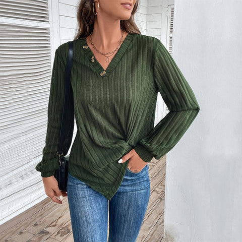 Autumn women's clothing split-ended green V-neck top women's m300630