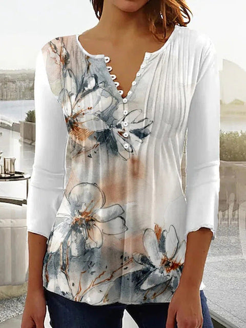 Printed V-neck short sleeve pleated button T-shirt bottoming shirt m300032