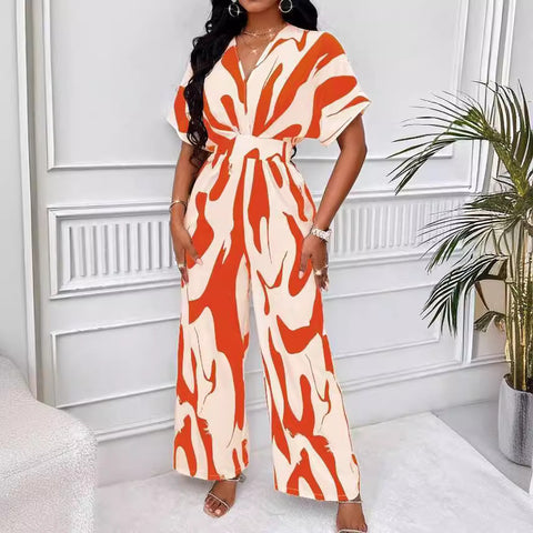 Women's full-body printed bat-sleeved wide-leg jumpsuit m300971