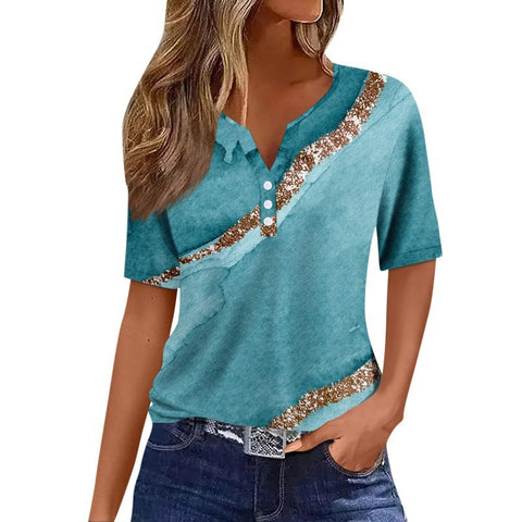 V-neck three-button 3D printed short-sleeved women's top m300617