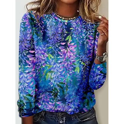 Long Sleeve T-Shirt Women's Solid Color Flower m300934