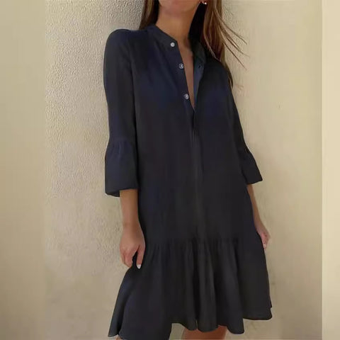 Stand-up collar button-down nine-quarter sleeve shirt cotton pleated hem dress m300679