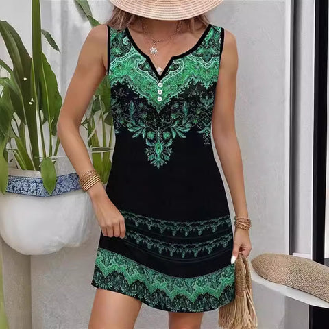 Printed suspender fashion casual V-neck button sleeveless dress m300105