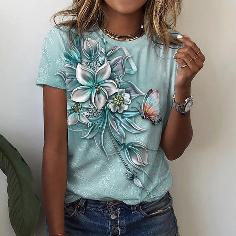 Women's T-shirt pink blue green flower print short sleeve m300912