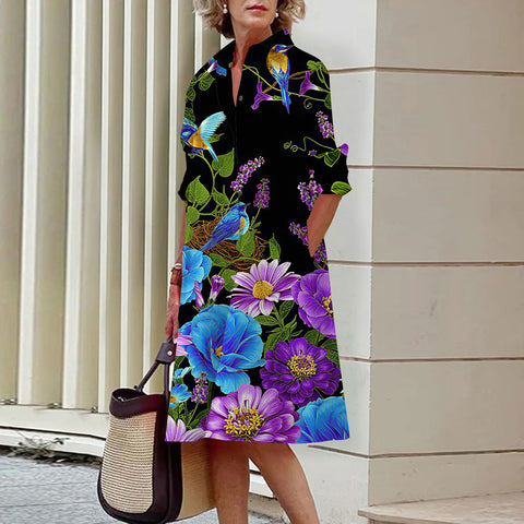 Gentle wind floral 3D digital printing single row open button shirt dress m300914