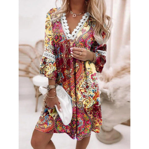 V-neck Printed Lace Stitching Bohemian Casual Vacation Style Dress M300213