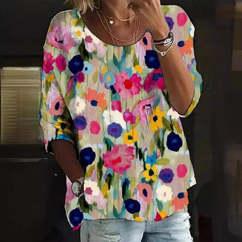 Fashion Printed Flower Crew Neck Casual Loose Shirt m300407