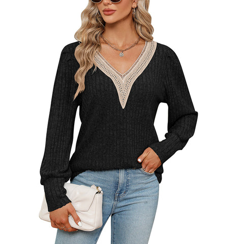 Women's V-neck lace loose pit strip polished loose long-sleeved T-shirt m300519