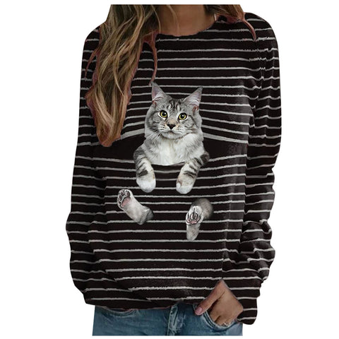 Cat print casual long-sleeved T-shirt striped top m300513