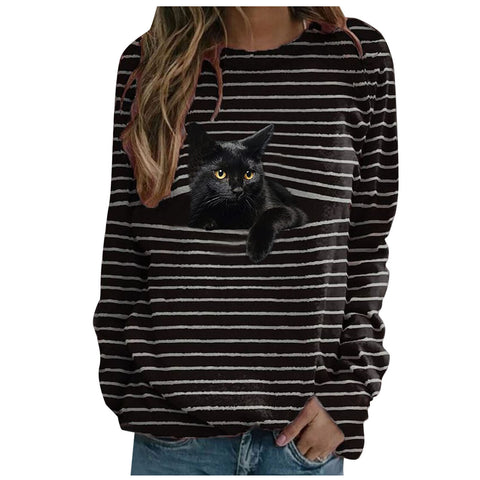 Cat print casual long-sleeved T-shirt striped top m300513